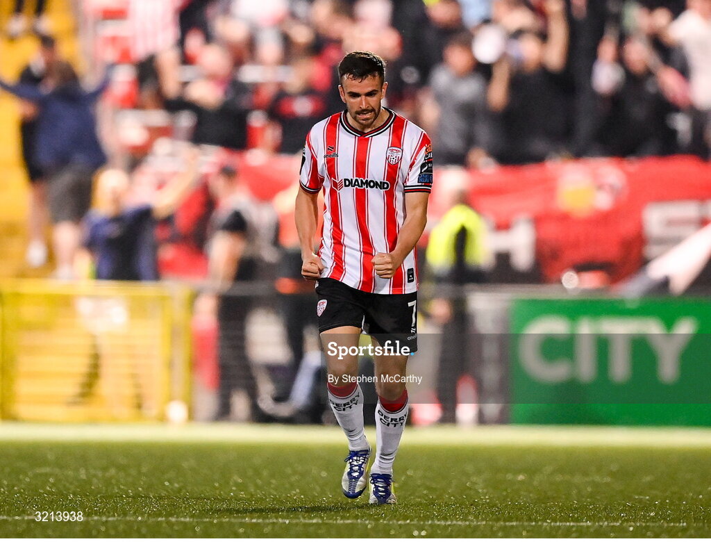 16 August 2025; Michael Duffy of Derry City celebrates after scoring his side's first goal during the Sports Direct Men’s FAI Cup third round match between Derry City and Drogheda United at The Ryan McBride Brandywell Stadium in Derry. Photo by Stephen McCarthy/Sportsfile