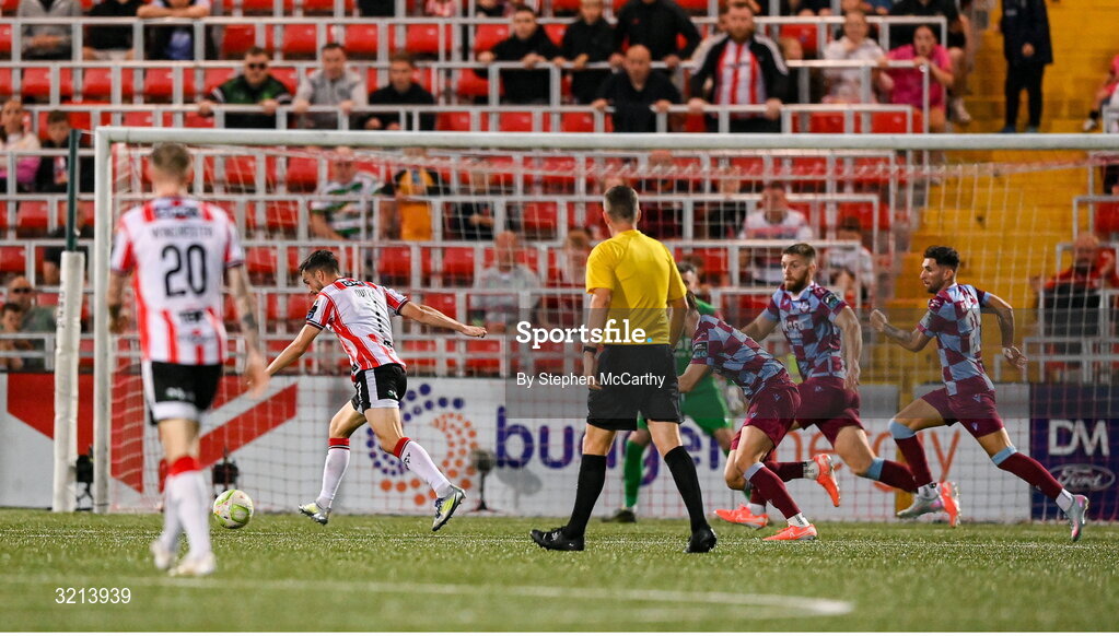 16 August 2025; Michael Duffy of Derry City scores his side's first goal during the Sports Direct Men’s FAI Cup third round match between Derry City and Drogheda United at The Ryan McBride Brandywell Stadium in Derry. Photo by Stephen McCarthy/Sportsfile