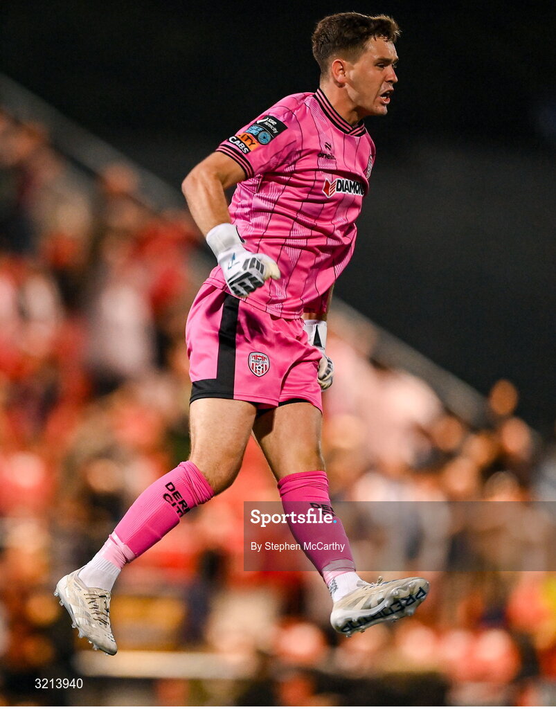 16 August 2025; Derry City goalkeeper Brian Maher celebrates after team-mate Michael Duffy, not pictured, scored their first goal during the Sports Direct Men’s FAI Cup third round match between Derry City and Drogheda United at The Ryan McBride Brandywell Stadium in Derry. Photo by Stephen McCarthy/Sportsfile