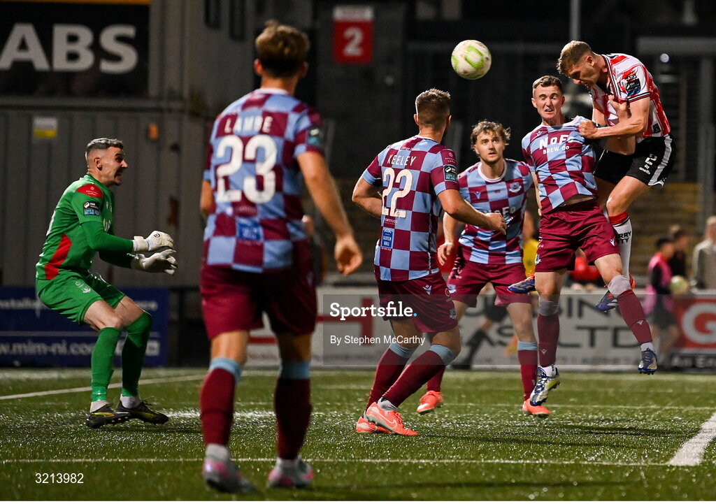 16 August 2025; Ronan Boyce of Derry City has a header on goal during the Sports Direct Men’s FAI Cup third round match between Derry City and Drogheda United at The Ryan McBride Brandywell Stadium in Derry. Photo by Stephen McCarthy/Sportsfile