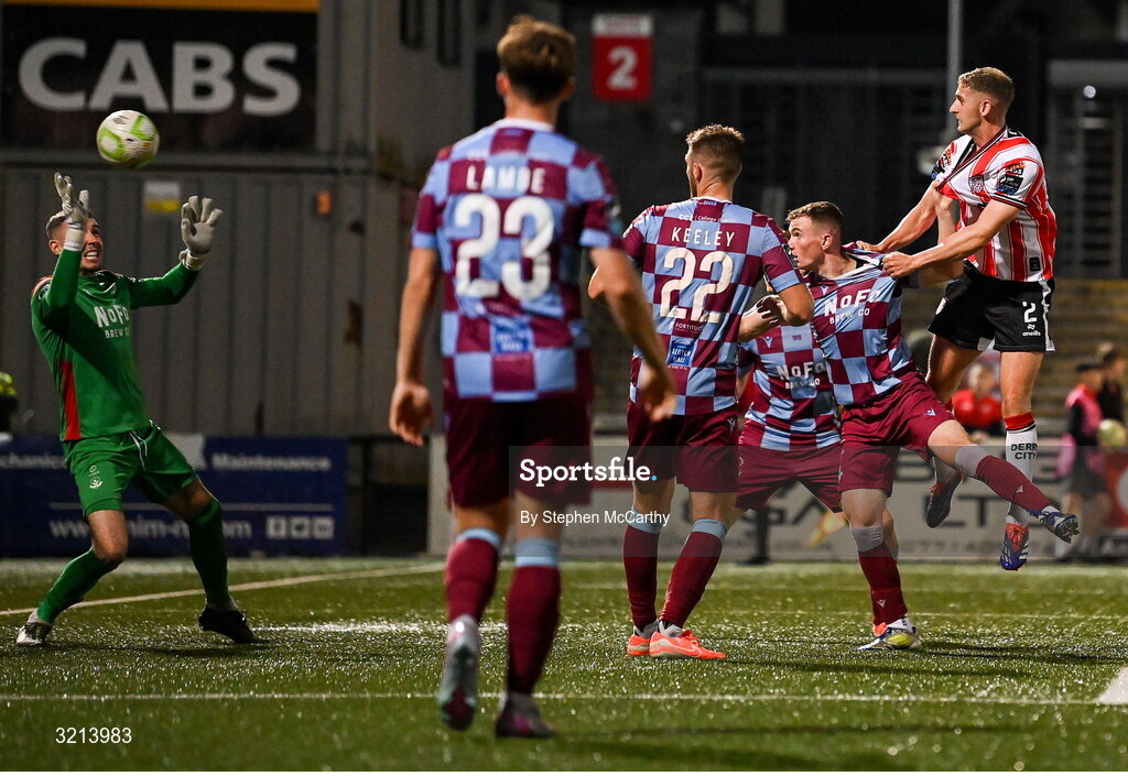 16 August 2025; Ronan Boyce of Derry City has a header on goal saved by Drogheda United goalkeeper Luke Dennison during the Sports Direct Men’s FAI Cup third round match between Derry City and Drogheda United at The Ryan McBride Brandywell Stadium in Derry. Photo by Stephen McCarthy/Sportsfile