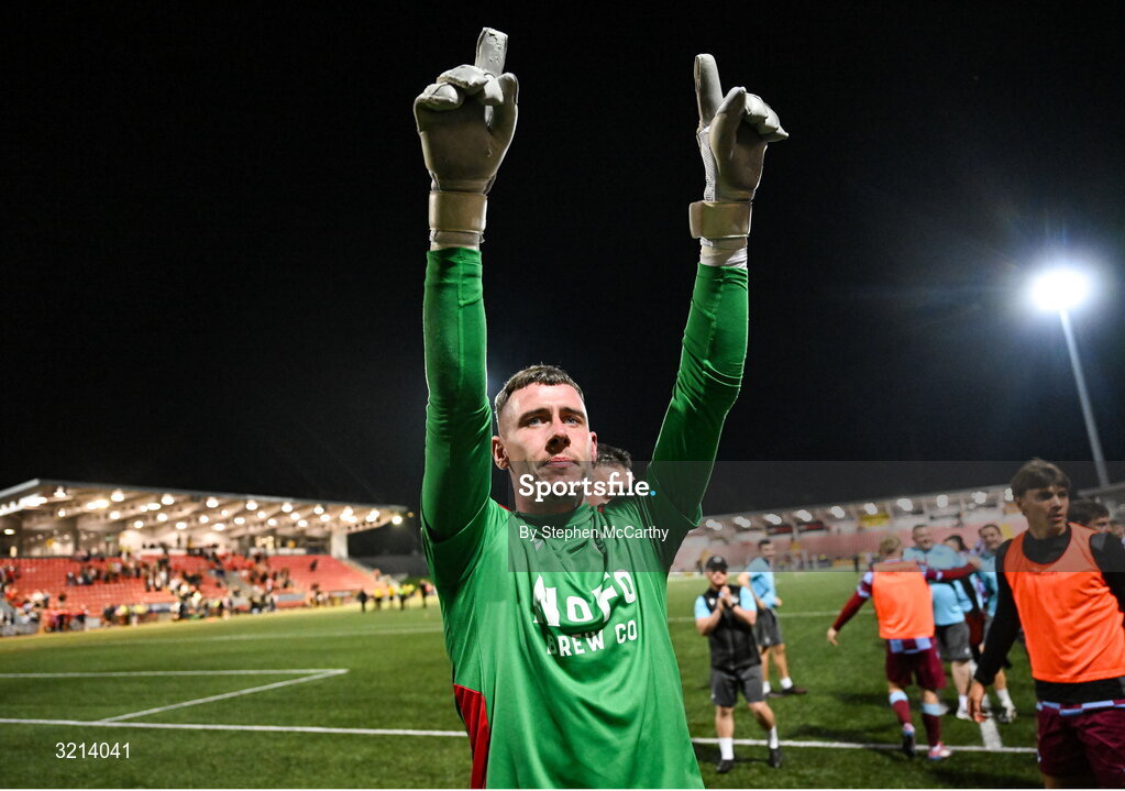 16 August 2025; Drogheda United goalkeeper Luke Dennison celebrates after the Sports Direct Men’s FAI Cup third round match between Derry City and Drogheda United at The Ryan McBride Brandywell Stadium in Derry. Photo by Stephen McCarthy/Sportsfile