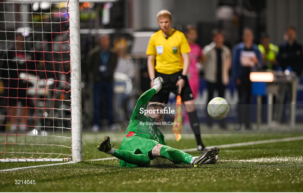16 August 2025; Drogheda United goalkeeper Luke Dennison saves the first penalty in the penalty shootout of the Sports Direct Men’s FAI Cup third round match between Derry City and Drogheda United at The Ryan McBride Brandywell Stadium in Derry. Photo by Stephen McCarthy/Sportsfile