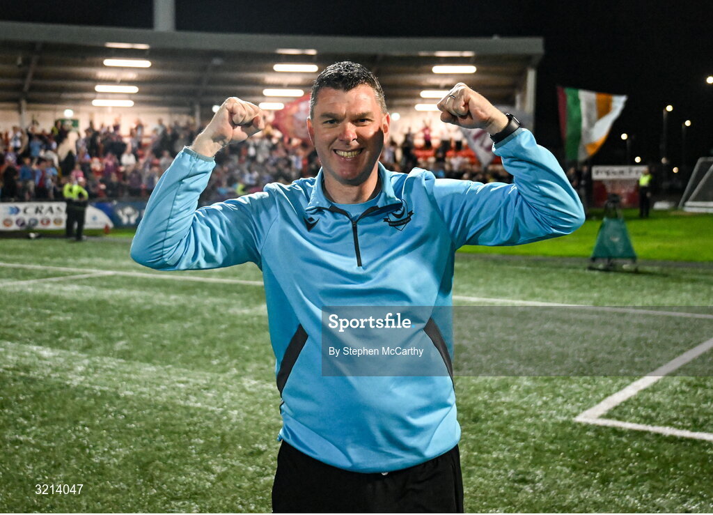 16 August 2025; Drogheda United manager Kevin Doherty celebrates after the Sports Direct Men’s FAI Cup third round match between Derry City and Drogheda United at The Ryan McBride Brandywell Stadium in Derry. Photo by Stephen McCarthy/Sportsfile