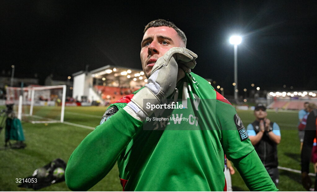 16 August 2025; Drogheda United goalkeeper Luke Dennison celebrates after the Sports Direct Men’s FAI Cup third round match between Derry City and Drogheda United at The Ryan McBride Brandywell Stadium in Derry. Photo by Stephen McCarthy/Sportsfile