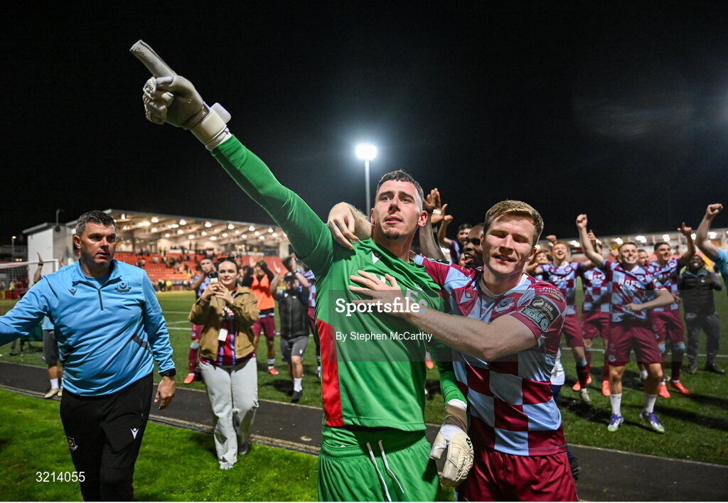 16 August 2025; Drogheda United goalkeeper Luke Dennison celebrates with Conor Kane, right, after the Sports Direct Men’s FAI Cup third round match between Derry City and Drogheda United at The Ryan McBride Brandywell Stadium in Derry. Photo by Stephen McCarthy/Sportsfile
