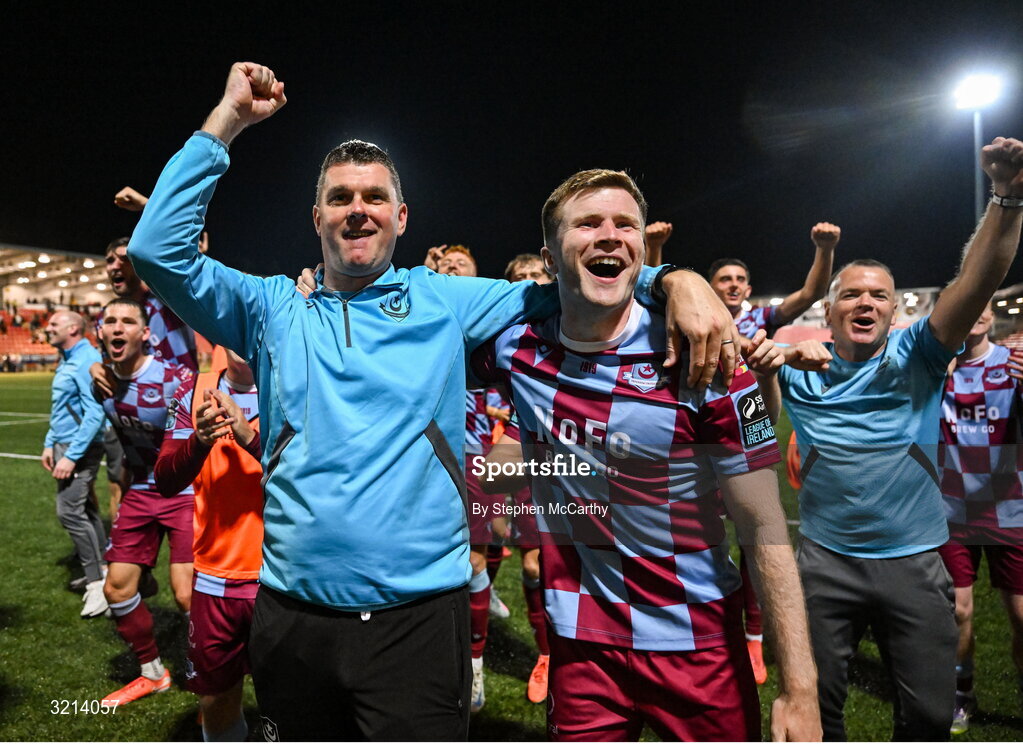 16 August 2025; Drogheda United manager Kevin Doherty celebrates with Conor Kane, right, after the Sports Direct Men’s FAI Cup third round match between Derry City and Drogheda United at The Ryan McBride Brandywell Stadium in Derry. Photo by Stephen McCarthy/Sportsfile