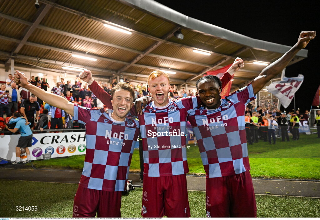 16 August 2025; Drogheda United players, from left, Darragh Markey, Shane Farrell and Thomas Oluwa celebrate after the Sports Direct Men’s FAI Cup third round match between Derry City and Drogheda United at The Ryan McBride Brandywell Stadium in Derry. Photo by Stephen McCarthy/Sportsfile