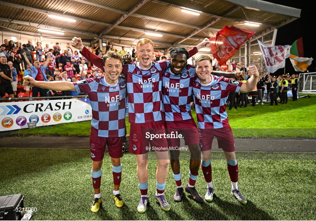 16 August 2025; Drogheda United players, from left, Darragh Markey, Shane Farrell, Thomas Oluwa and Conor Kane celebrate after the Sports Direct Men’s FAI Cup third round match between Derry City and Drogheda United at The Ryan McBride Brandywell Stadium in Derry. Photo by Stephen McCarthy/Sportsfile