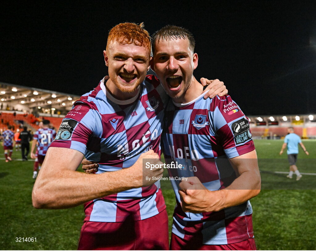 16 August 2025; James Bolger, left, and George Cooper of Drogheda United celebrate after the Sports Direct Men’s FAI Cup third round match between Derry City and Drogheda United at The Ryan McBride Brandywell Stadium in Derry. Photo by Stephen McCarthy/Sportsfile