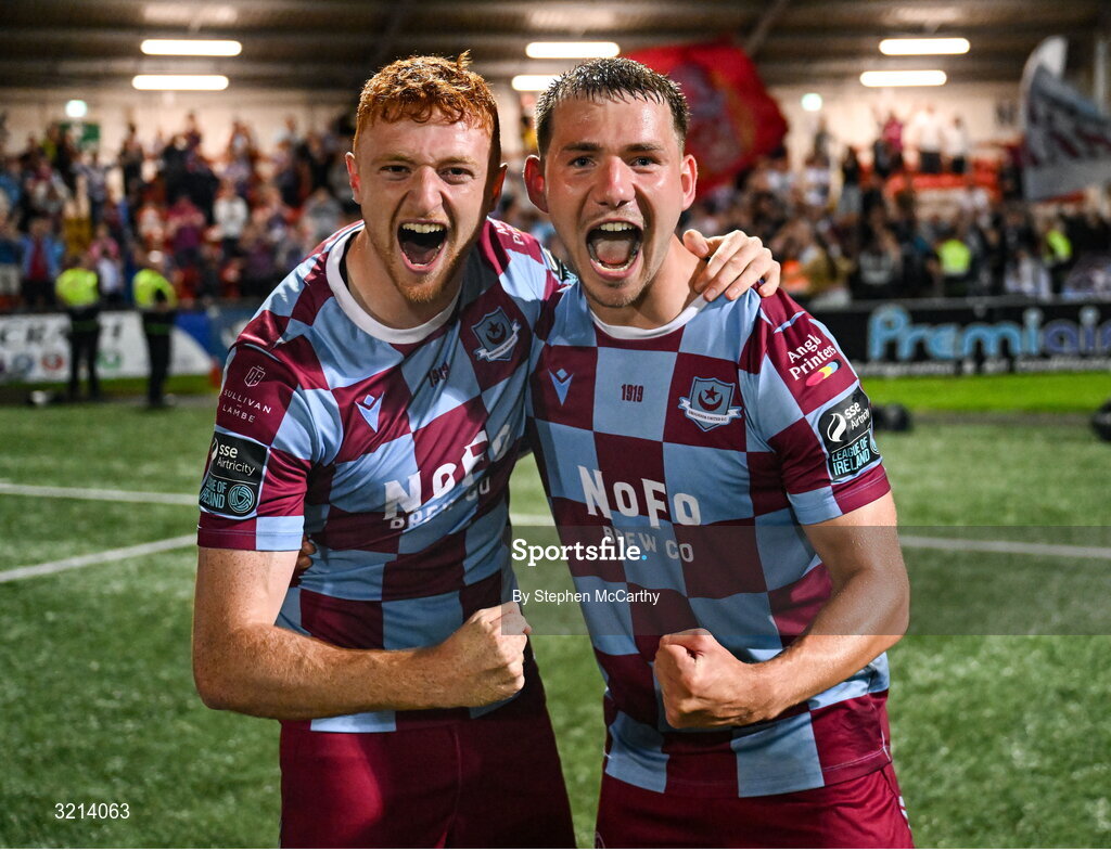 16 August 2025; James Bolger, left, and George Cooper of Drogheda United celebrate after the Sports Direct Men’s FAI Cup third round match between Derry City and Drogheda United at The Ryan McBride Brandywell Stadium in Derry. Photo by Stephen McCarthy/Sportsfile