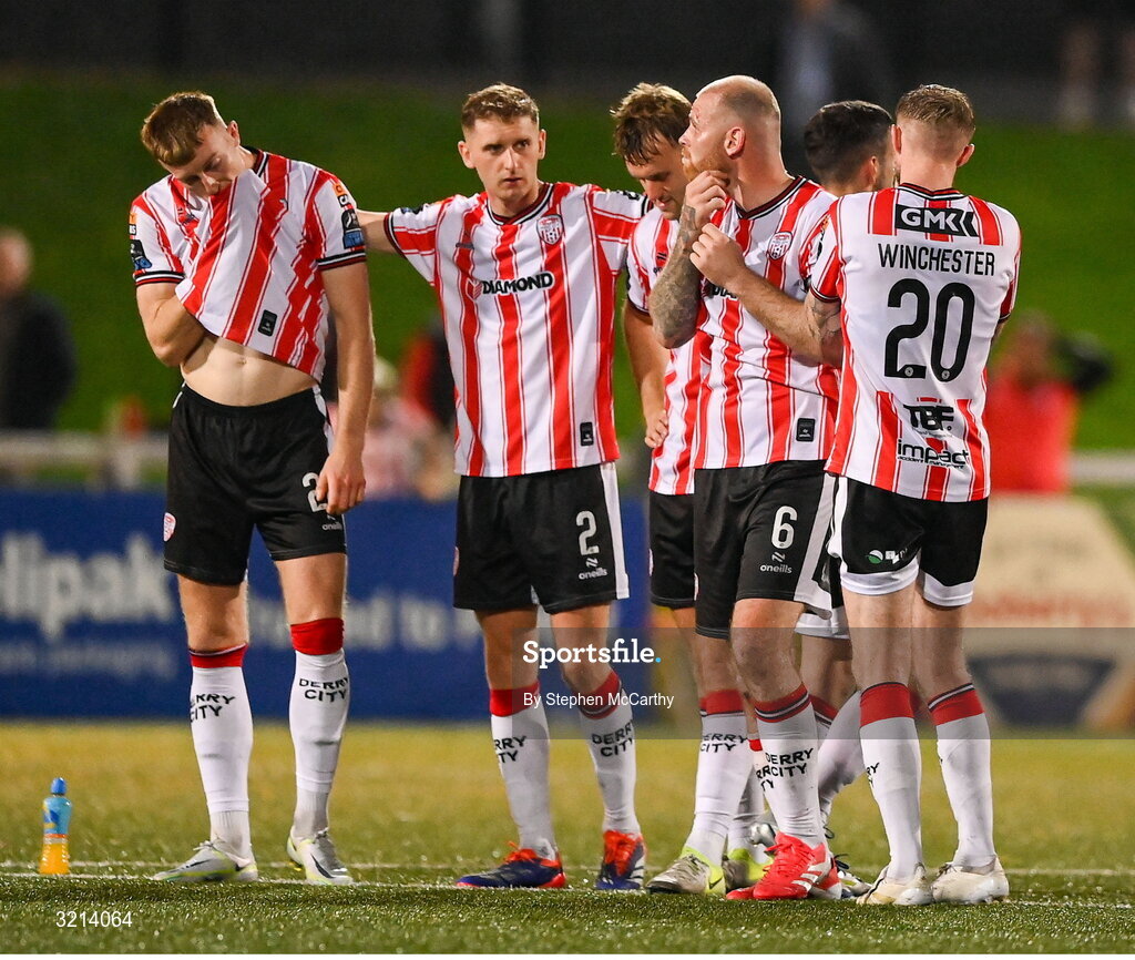 16 August 2025; Derry City players react during the penalty shootout of the Sports Direct Men’s FAI Cup third round match between Derry City and Drogheda United at The Ryan McBride Brandywell Stadium in Derry. Photo by Stephen McCarthy/Sportsfile