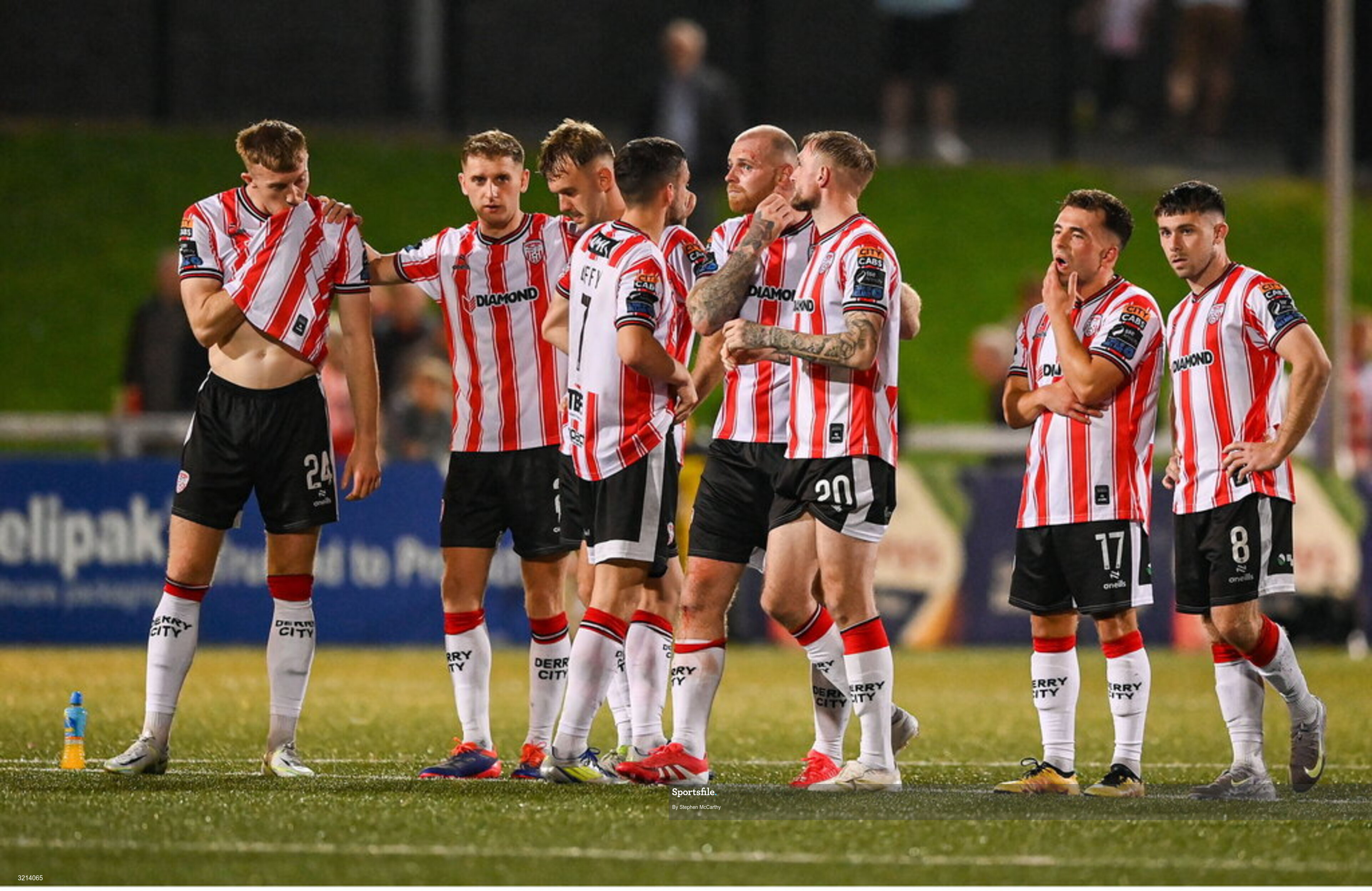 16 August 2025; Derry City players react during the penalty shootout of the Sports Direct Men’s FAI Cup third round match between Derry City and Drogheda United at The Ryan McBride Brandywell Stadium in Derry. Photo by Stephen McCarthy/Sportsfile