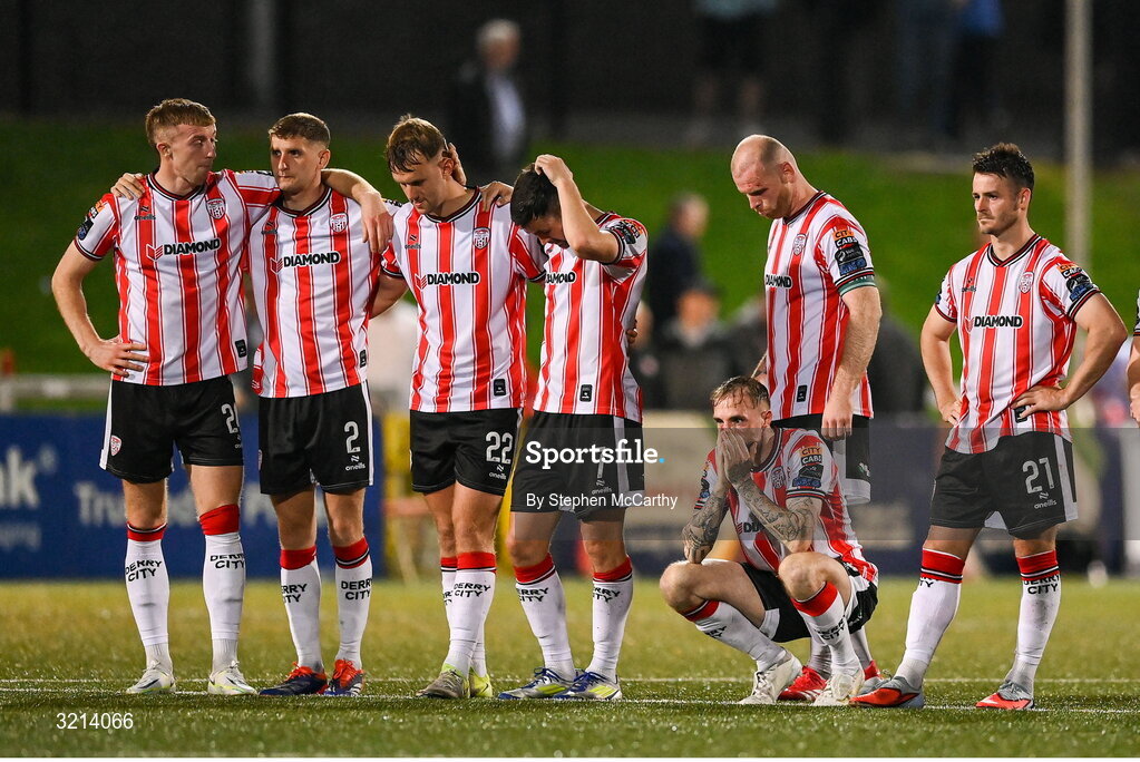 16 August 2025; Derry City players react during the penalty shootout of the Sports Direct Men’s FAI Cup third round match between Derry City and Drogheda United at The Ryan McBride Brandywell Stadium in Derry. Photo by Stephen McCarthy/Sportsfile