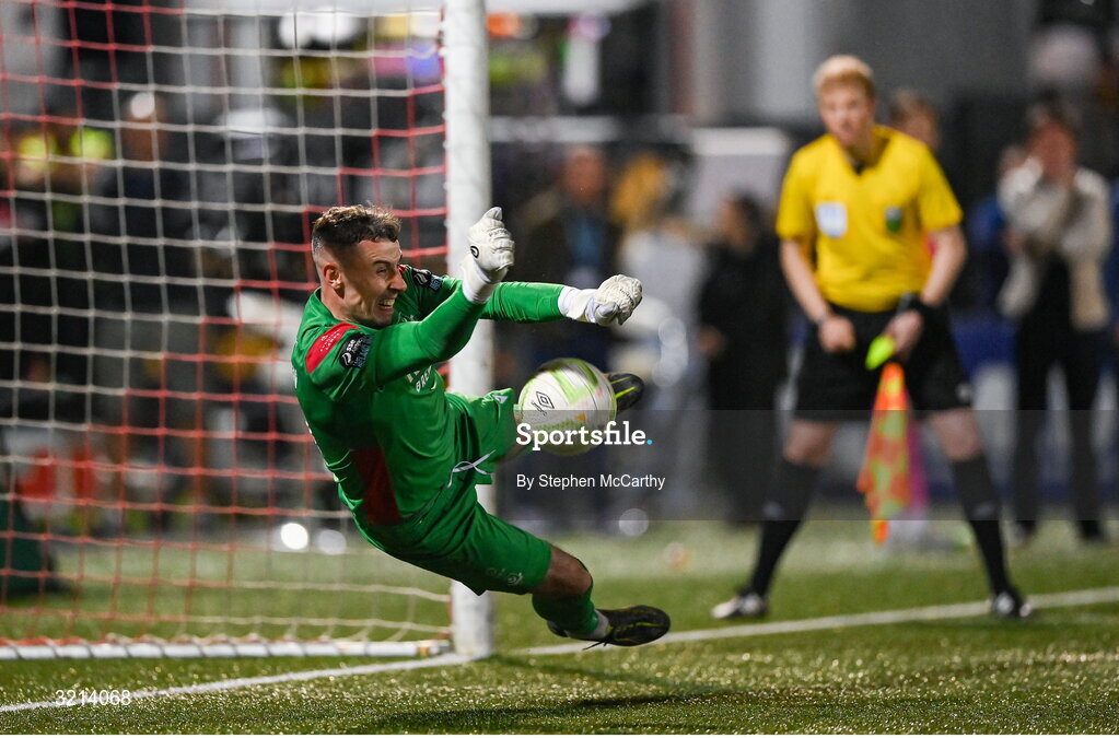 16 August 2025; Drogheda United goalkeeper Luke Dennison saves his second penalty in the penalty shootout of the Sports Direct Men’s FAI Cup third round match between Derry City and Drogheda United at The Ryan McBride Brandywell Stadium in Derry. Photo by Stephen McCarthy/Sportsfile