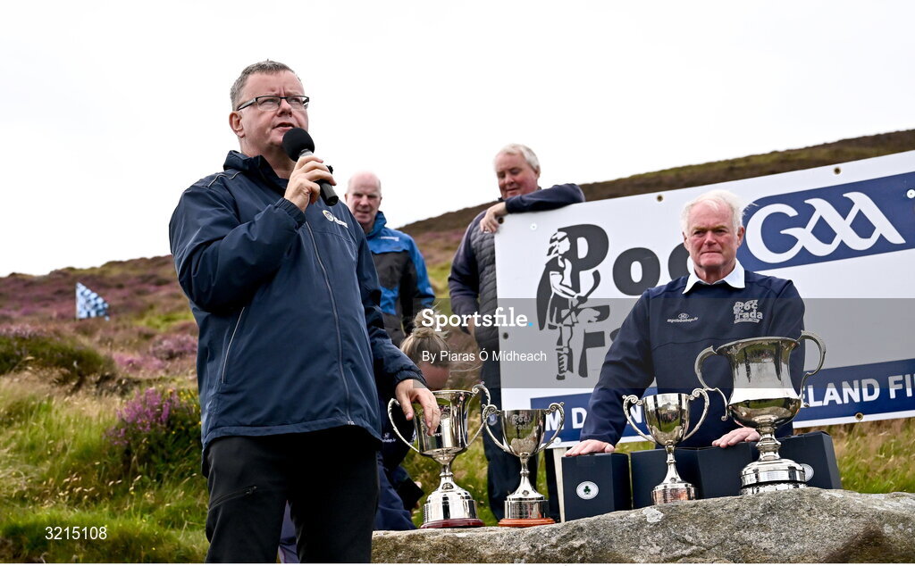 4 August 2025; Camogie Association president Brian Molloy makes a speech after the M. Donnelly GAA Poc Fada All-Ireland Finals at Annaverna Mountain in the Cooley Peninsula, Ravensdale, Louth. Photo by Piaras Ó Mídheach/Sportsfile