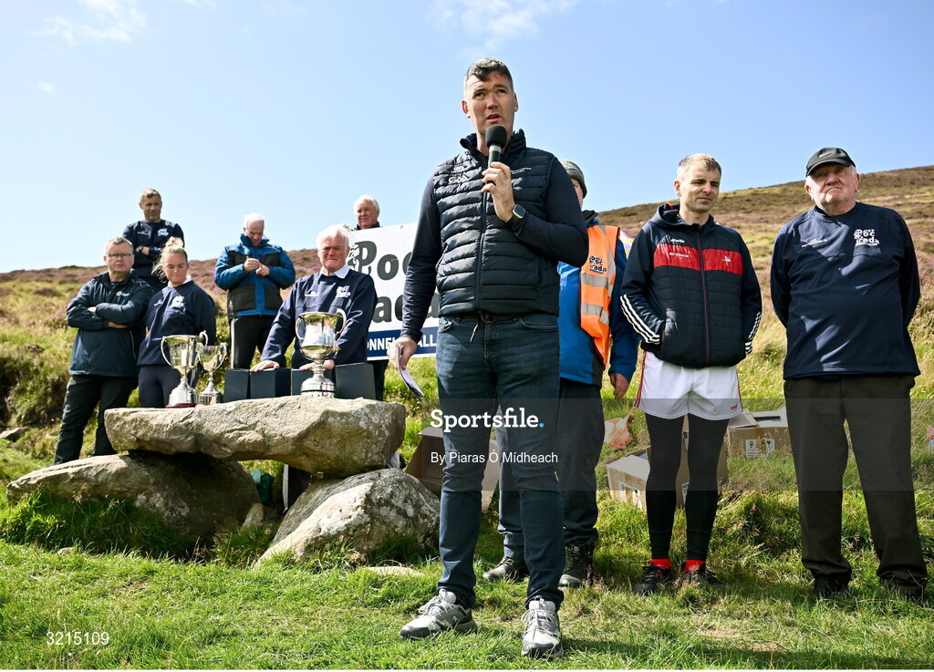 4 August 2025; GAA National Head of Hurling Willie Maher makes a speech after the M. Donnelly GAA Poc Fada All-Ireland Finals at Annaverna Mountain in the Cooley Peninsula, Ravensdale, Louth. Photo by Piaras Ó Mídheach/Sportsfile