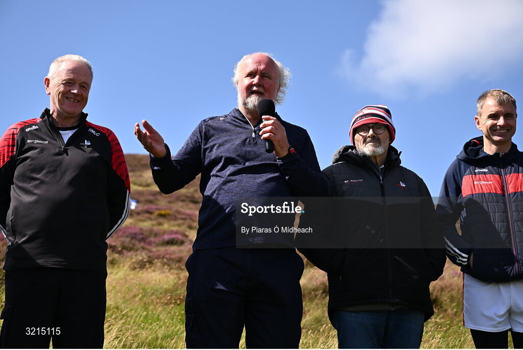 4 August 2025; Event sponsor Martin Donnelly makes a speech after the M. Donnelly GAA Poc Fada All-Ireland Finals at Annaverna Mountain in the Cooley Peninsula, Ravensdale, Louth. Photo by Piaras Ó Mídheach/Sportsfile