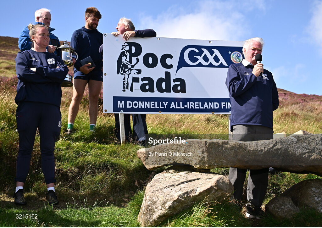 4 August 2025; National Poc Fada Committee Cathaoirleach Tom Ryan makes a speech after the M. Donnelly GAA Poc Fada All-Ireland Finals at Annaverna Mountain in the Cooley Peninsula, Ravensdale, Louth. Photo by Piaras Ó Mídheach/Sportsfile