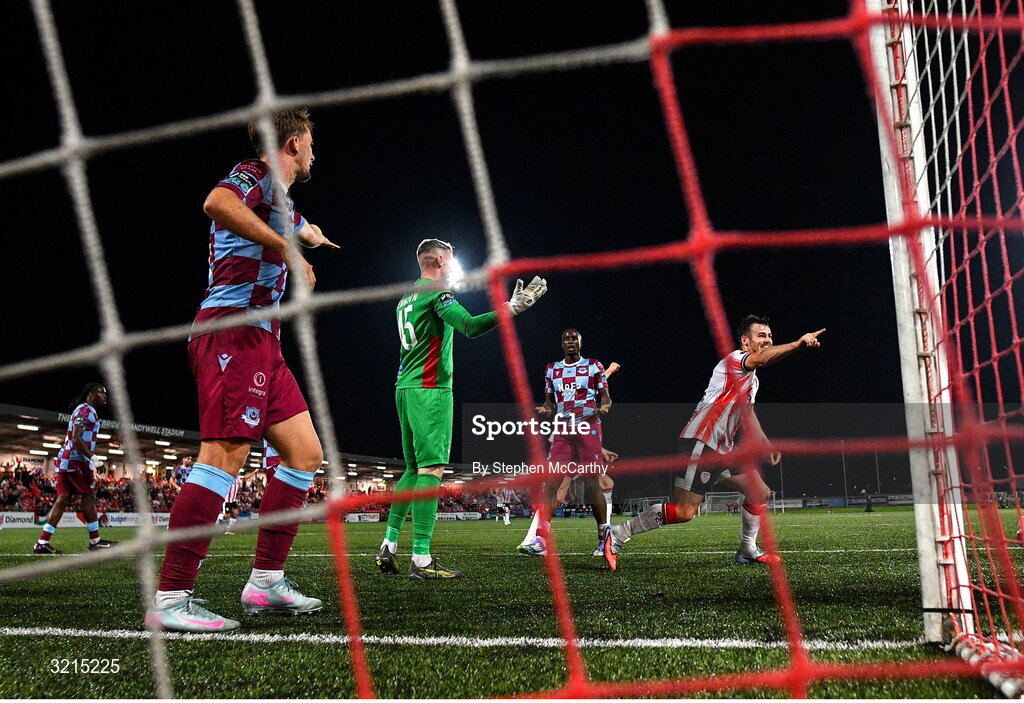16 August 2025; Danny Mullen of Derry City celebrates a goal scored by team-mate Mark Connolly, not pictured, which was subsequently disallowed, during the Sports Direct Men’s FAI Cup third round match between Derry City and Drogheda United at The Ryan McBride Brandywell Stadium in Derry. Photo by Stephen McCarthy/Sportsfile