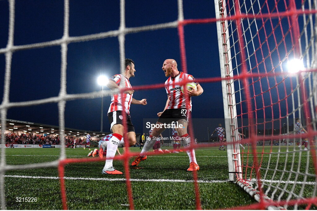 16 August 2025; Danny Mullen, left, and Liam Boyce of Derry City celebrate a goal scored by team-mate Michael Duffy, not pictured, during the Sports Direct Men’s FAI Cup third round match between Derry City and Drogheda United at The Ryan McBride Brandywell Stadium in Derry. Photo by Stephen McCarthy/Sportsfile