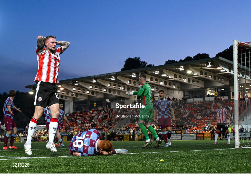 16 August 2025; Carl Winchester of Derry City reacts to a missed opportunity on goal during the Sports Direct Men’s FAI Cup third round match between Derry City and Drogheda United at The Ryan McBride Brandywell Stadium in Derry. Photo by Stephen McCarthy/Sportsfile