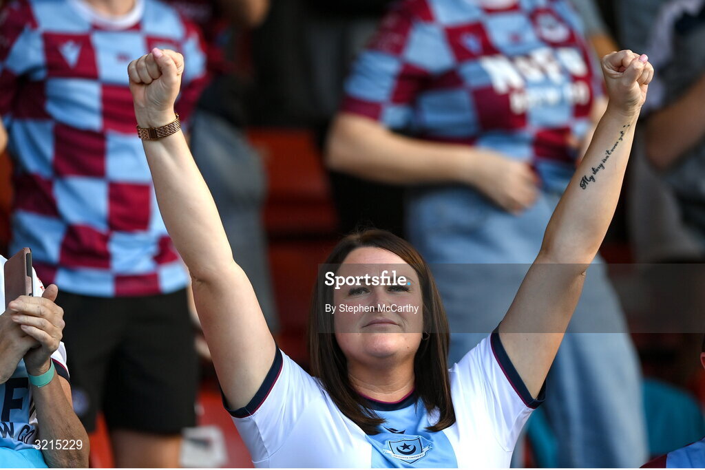 16 August 2025; Drogheda United chairperson Joanna Byrne celebrates her side's first goal during the Sports Direct Men’s FAI Cup third round match between Derry City and Drogheda United at The Ryan McBride Brandywell Stadium in Derry. Photo by Stephen McCarthy/Sportsfile