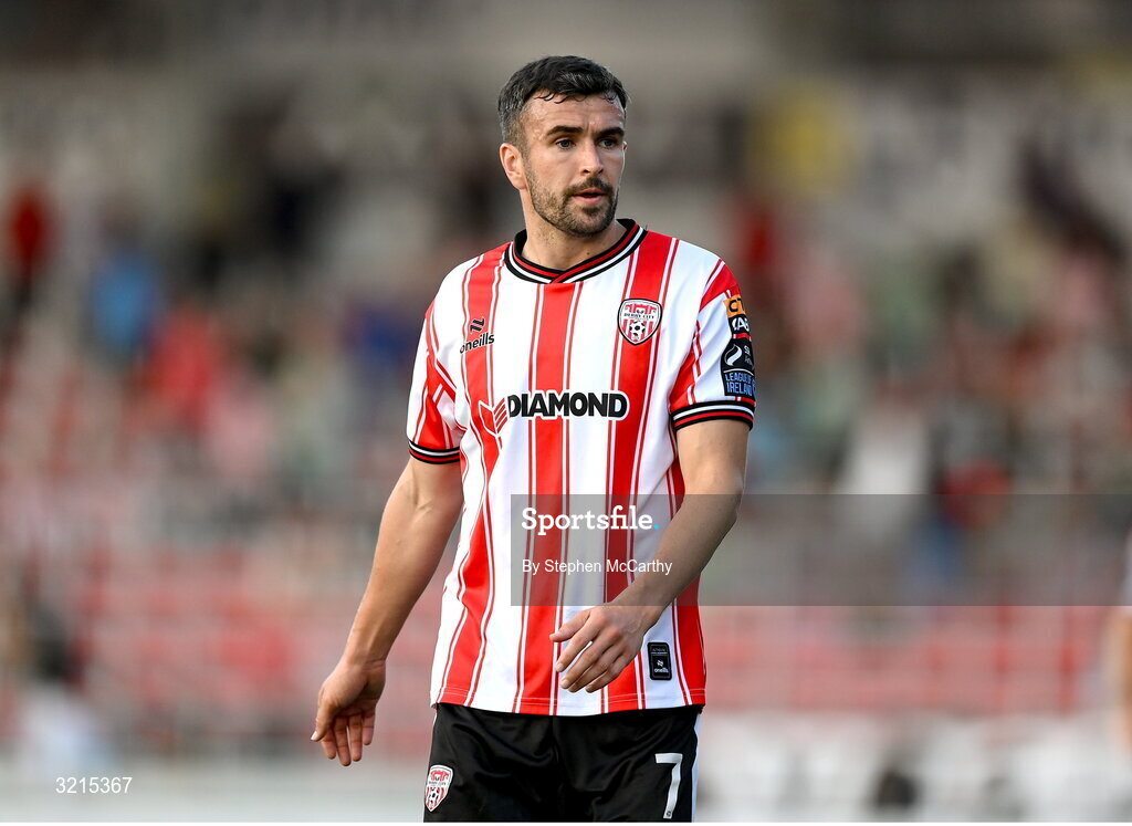 16 August 2025; Michael Duffy of Derry City during the Sports Direct Men’s FAI Cup third round match between Derry City and Drogheda United at The Ryan McBride Brandywell Stadium in Derry. Photo by Stephen McCarthy/Sportsfile