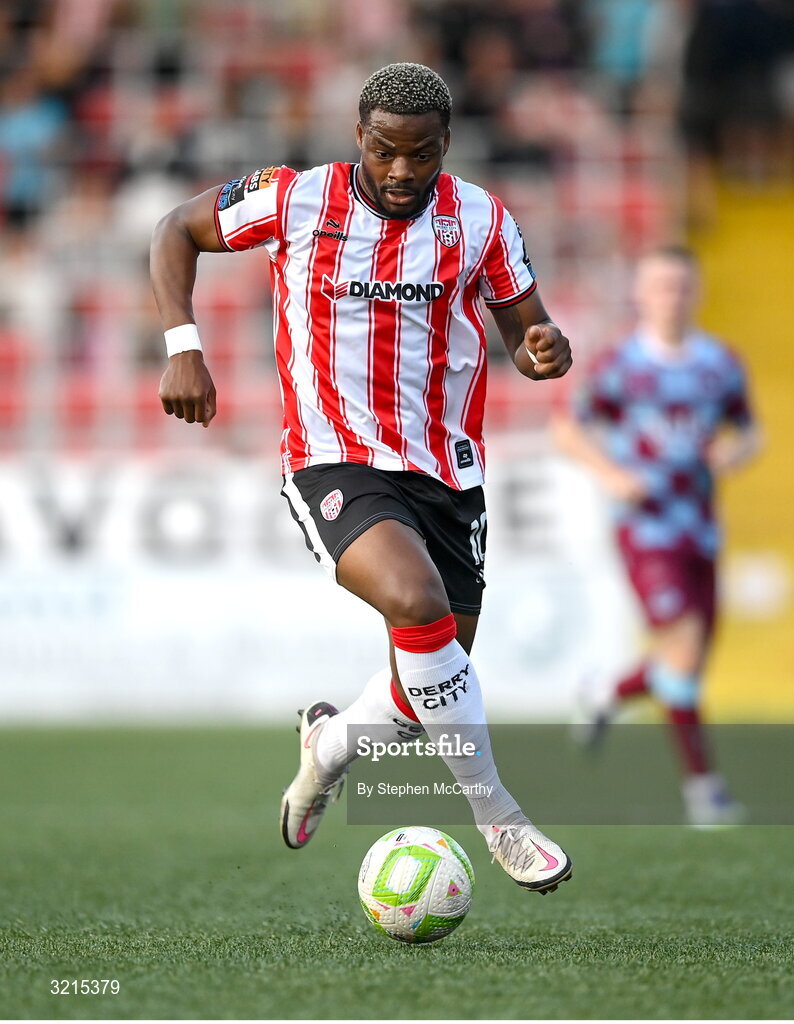 16 August 2025; Dipo Akinyemi of Derry City during the Sports Direct Men’s FAI Cup third round match between Derry City and Drogheda United at The Ryan McBride Brandywell Stadium in Derry. Photo by Stephen McCarthy/Sportsfile