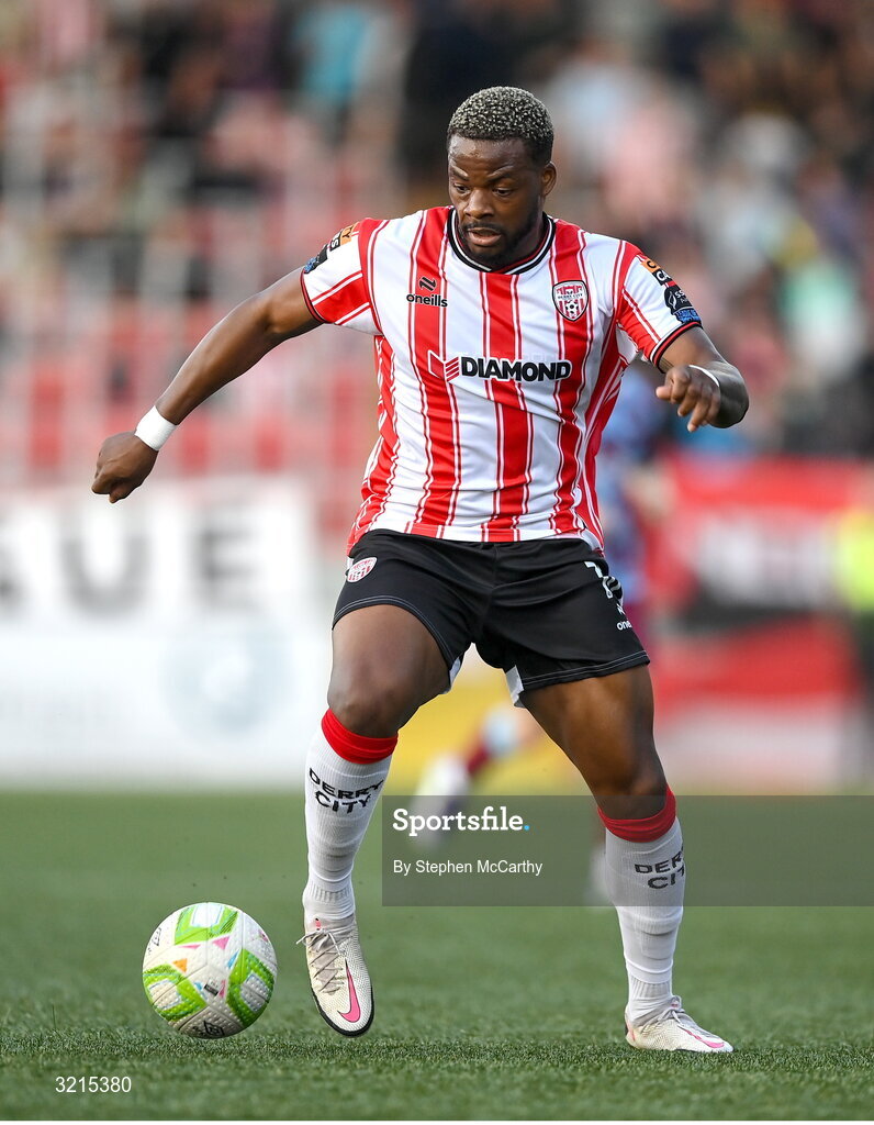 16 August 2025; Dipo Akinyemi of Derry City during the Sports Direct Men’s FAI Cup third round match between Derry City and Drogheda United at The Ryan McBride Brandywell Stadium in Derry. Photo by Stephen McCarthy/Sportsfile