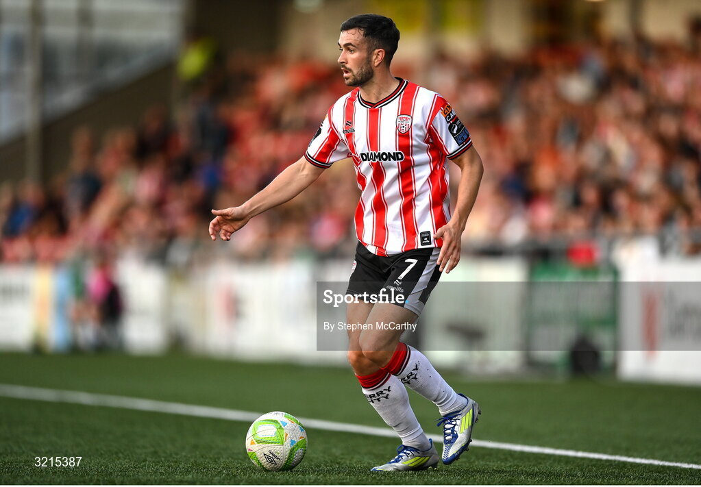 16 August 2025; Michael Duffy of Derry City during the Sports Direct Men’s FAI Cup third round match between Derry City and Drogheda United at The Ryan McBride Brandywell Stadium in Derry. Photo by Stephen McCarthy/Sportsfile