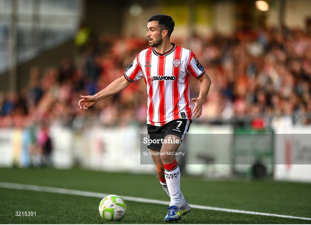 16 August 2025; Michael Duffy of Derry City during the Sports Direct Men’s FAI Cup third round match between Derry City and Drogheda United at The Ryan McBride Brandywell Stadium in Derry. Photo by Stephen McCarthy/Sportsfile