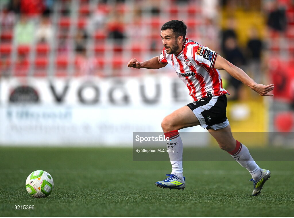 16 August 2025; Michael Duffy of Derry City during the Sports Direct Men’s FAI Cup third round match between Derry City and Drogheda United at The Ryan McBride Brandywell Stadium in Derry. Photo by Stephen McCarthy/Sportsfile