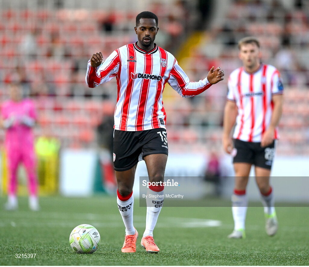 16 August 2025; Sadou Diallo of Derry City during the Sports Direct Men’s FAI Cup third round match between Derry City and Drogheda United at The Ryan McBride Brandywell Stadium in Derry. Photo by Stephen McCarthy/Sportsfile