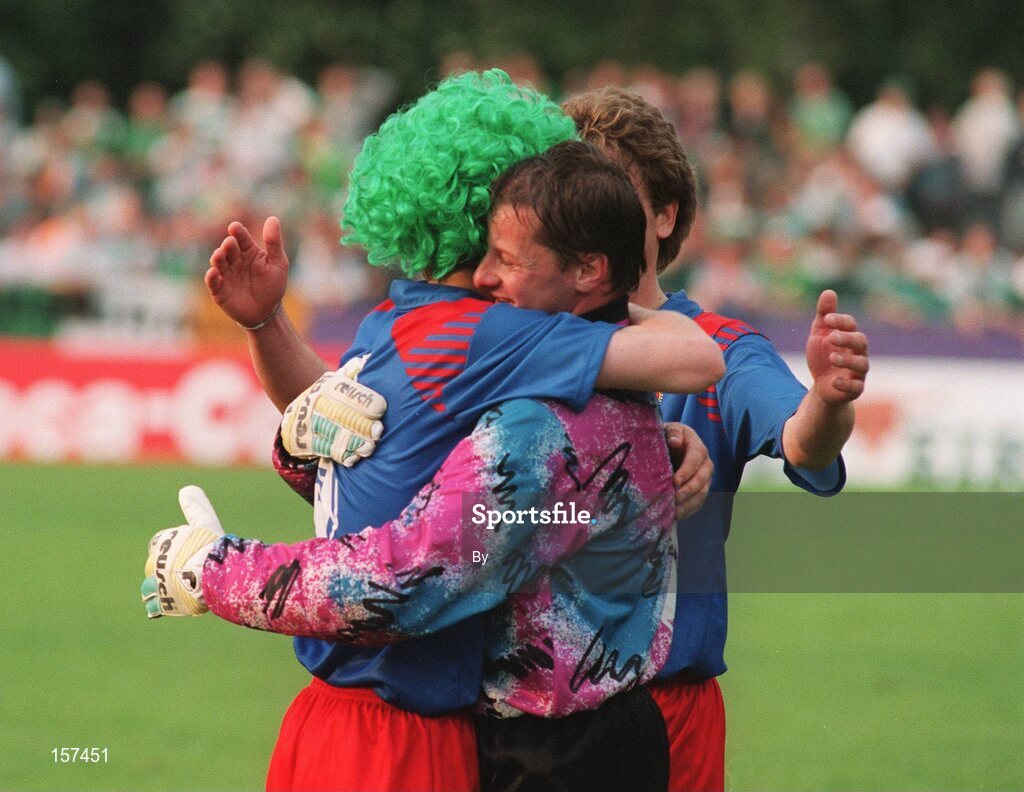 4 June 1995; Liechtenstein players celebrate after a draw against the Republic of Ireland. European Championship Qualifier, Republic of Ireland v Liechtenstein, Liechtenstein. Soccer. Picture credit; Ray McManus / SPORTSFILE