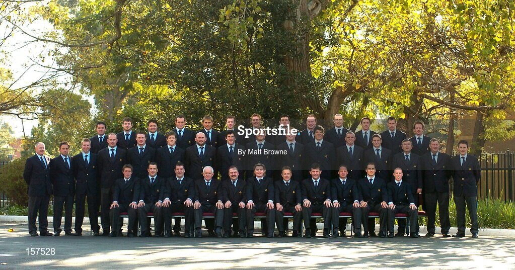 18 June 2004; The Ireland rugby team and management who played 2 tests against South Africa. Back row, from left, Mike Ford, Defence Coach, Gordon D'Arcy, Shane Byrne, Simon Best, Shaun Payne, Geordan Murphy, Gavin Duffy, Reggie Corrigan, Frank Sheahan, Marcus Horan, Tyrone Howe, Guy Easterby and Mike McGurn, Fitness Coach. Middle row, from left, Willie Bennett, Mark Tainton, Kicking Coach, Garrett Robinson, Physiotherapest, Mervyn Murphy, Video Analyst, Eric Miller, Simon Easterby, John Hayes, Shane Horgan, Malcolm O'Kelly, Paul O'Connell, Donnacha O'Callaghan, Alan Quinlan, David Wallace, John Redmond, Media Officer, Paddy O'Reilly, Baggage Master, Dr. Gary O'Driscoll, Team Doctor. Front row, from left, Ronan O'Gara, Kevin Maggs, Anthony Foley, Brian O'Brien, Manager, John Quilligan, President of the IRFU, Brian O'Driscoll, Captain, Eddie O'Sullivan, Coach, Niall O'Donovan, Assistant Coach, David Humphreys, Girvan Dempsey and Peter Stringer. Cape Town, South Africa. Picture credit; Matt Browne / SPORTSFILE