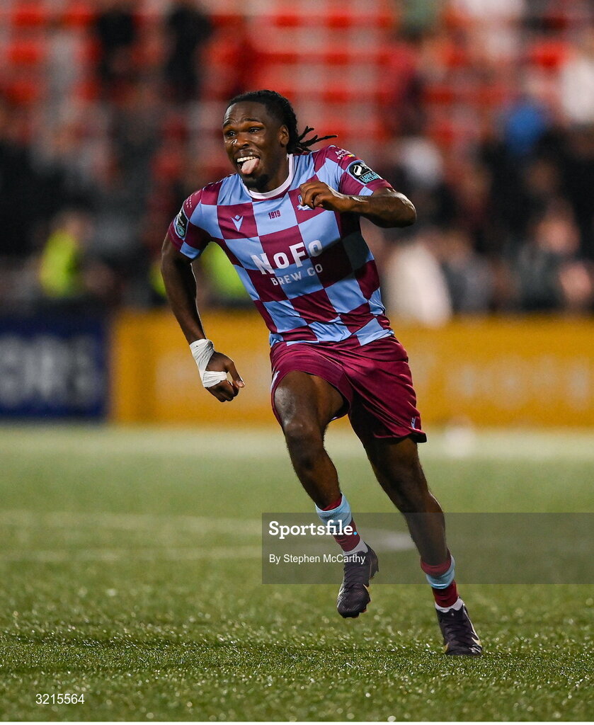 16 August 2025; Thomas Oluwa of Drogheda United celebrates after the Sports Direct Men’s FAI Cup third round match between Derry City and Drogheda United at The Ryan McBride Brandywell Stadium in Derry. Photo by Stephen McCarthy/Sportsfile
