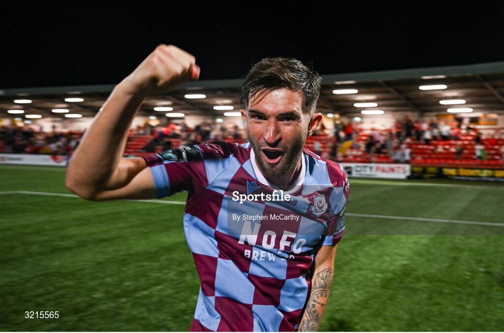 16 August 2025; Luke Heeney of Drogheda United celebrates after the Sports Direct Men’s FAI Cup third round match between Derry City and Drogheda United at The Ryan McBride Brandywell Stadium in Derry. Photo by Stephen McCarthy/Sportsfile
