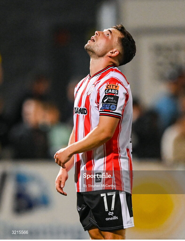 16 August 2025; Adam Frizzell of Derry City reacts to missing his penalty in the penalty shootout of the Sports Direct Men’s FAI Cup third round match between Derry City and Drogheda United at The Ryan McBride Brandywell Stadium in Derry. Photo by Stephen McCarthy/Sportsfile