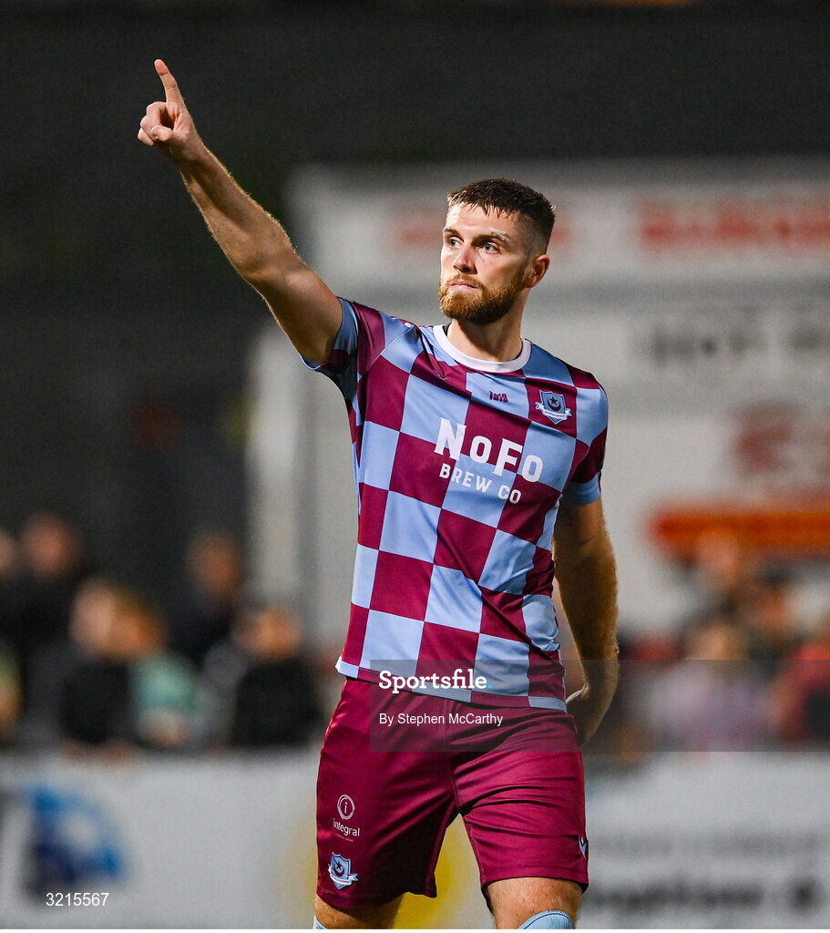 16 August 2025; Conor Keeley of Drogheda United celebrates after scoring his penalty in the penalty shootout of the Sports Direct Men’s FAI Cup third round match between Derry City and Drogheda United at The Ryan McBride Brandywell Stadium in Derry. Photo by Stephen McCarthy/Sportsfile