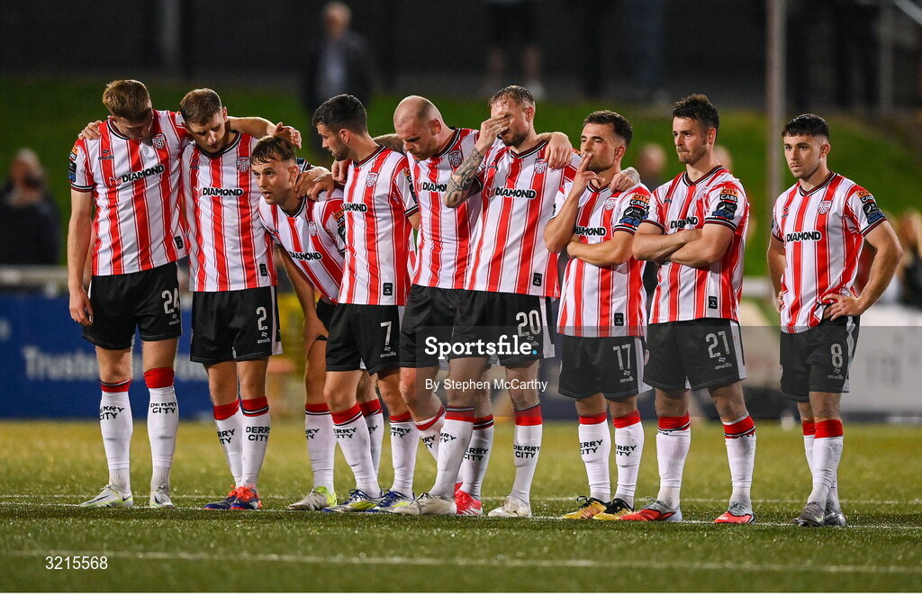 16 August 2025; Derry City players react during the penalty shootout of the Sports Direct Men’s FAI Cup third round match between Derry City and Drogheda United at The Ryan McBride Brandywell Stadium in Derry. Photo by Stephen McCarthy/Sportsfile