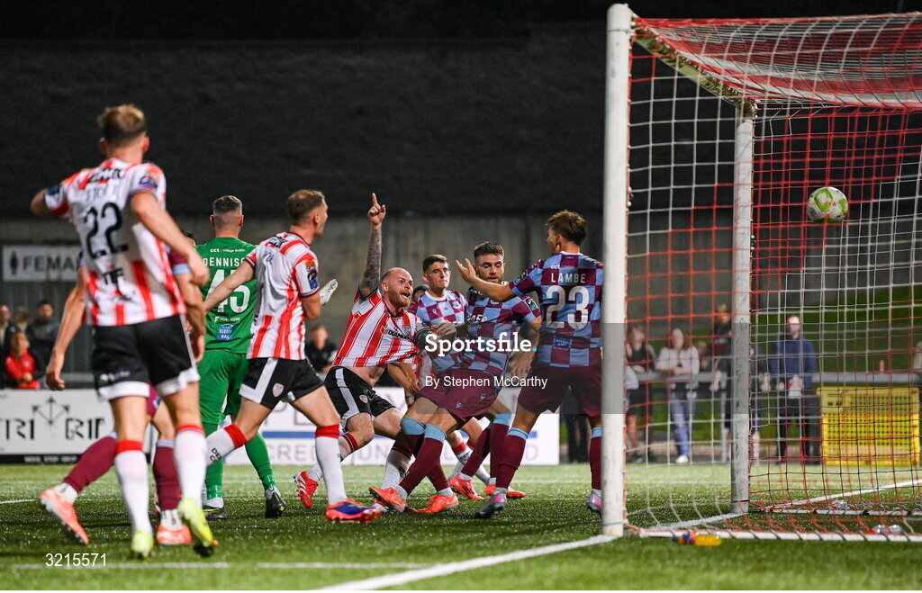 16 August 2025; Mark Connolly of Derry City scores a goal in extra-time, which was subsequently disallowed, during the Sports Direct Men’s FAI Cup third round match between Derry City and Drogheda United at The Ryan McBride Brandywell Stadium in Derry. Photo by Stephen McCarthy/Sportsfile