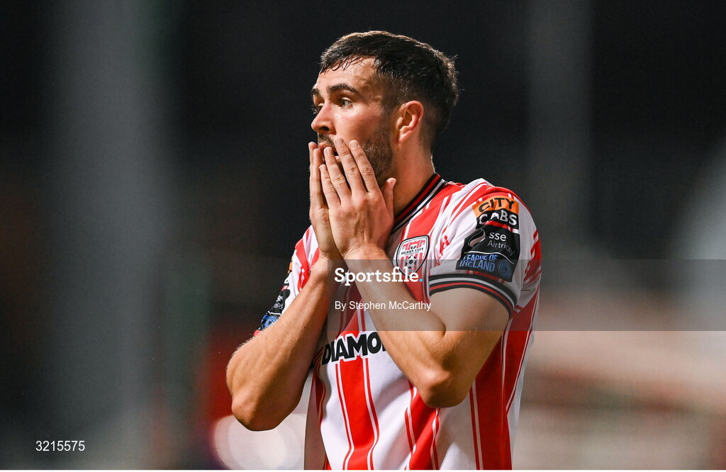 16 August 2025; Michael Duffy of Derry City reacts to a missed opportunity on goal during the Sports Direct Men’s FAI Cup third round match between Derry City and Drogheda United at The Ryan McBride Brandywell Stadium in Derry. Photo by Stephen McCarthy/Sportsfile