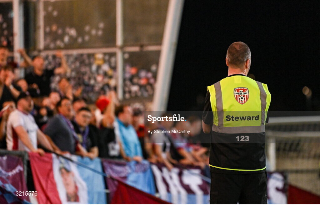 16 August 2025; A Derry City matchday steward during the Sports Direct Men’s FAI Cup third round match between Derry City and Drogheda United at The Ryan McBride Brandywell Stadium in Derry. Photo by Stephen McCarthy/Sportsfile