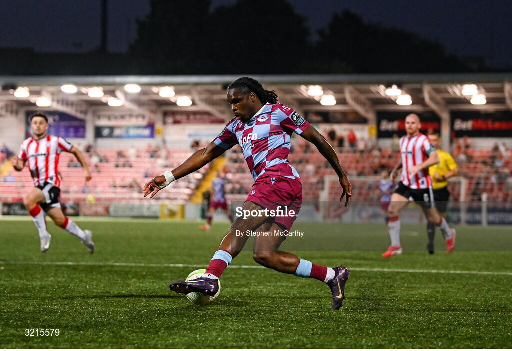 16 August 2025; Thomas Oluwa of Drogheda United during the Sports Direct Men’s FAI Cup third round match between Derry City and Drogheda United at The Ryan McBride Brandywell Stadium in Derry. Photo by Stephen McCarthy/Sportsfile