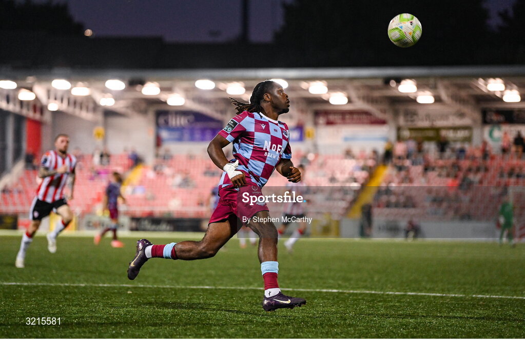 16 August 2025; Thomas Oluwa of Drogheda United during the Sports Direct Men’s FAI Cup third round match between Derry City and Drogheda United at The Ryan McBride Brandywell Stadium in Derry. Photo by Stephen McCarthy/Sportsfile