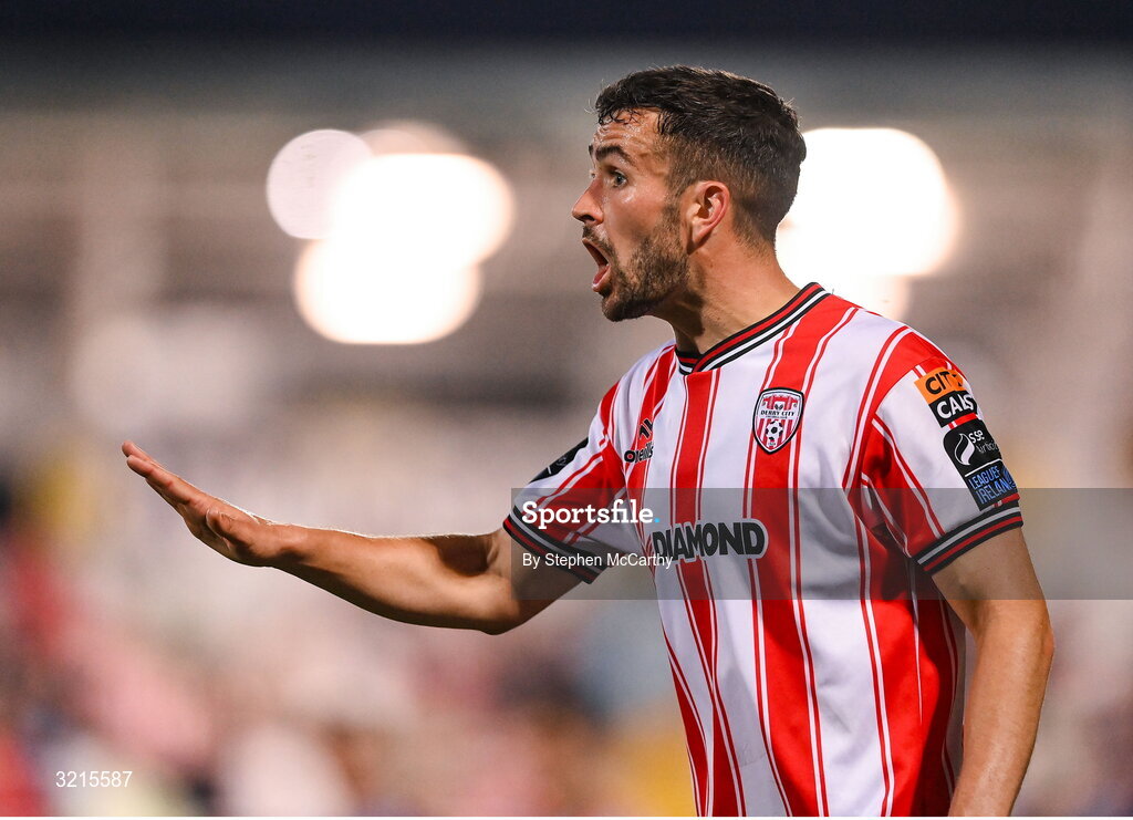 16 August 2025; Michael Duffy of Derry City during the Sports Direct Men’s FAI Cup third round match between Derry City and Drogheda United at The Ryan McBride Brandywell Stadium in Derry. Photo by Stephen McCarthy/Sportsfile