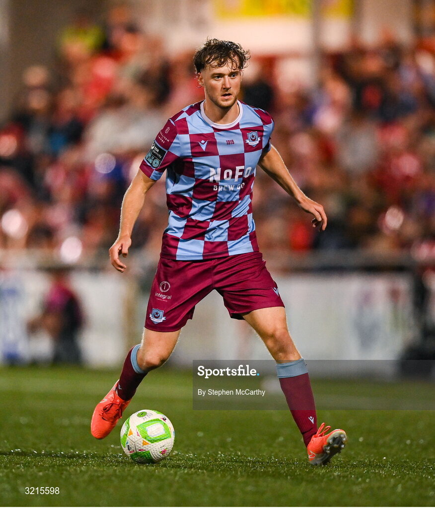 16 August 2025; Andrew Quinn of Drogheda United during the Sports Direct Men’s FAI Cup third round match between Derry City and Drogheda United at The Ryan McBride Brandywell Stadium in Derry. Photo by Stephen McCarthy/Sportsfile