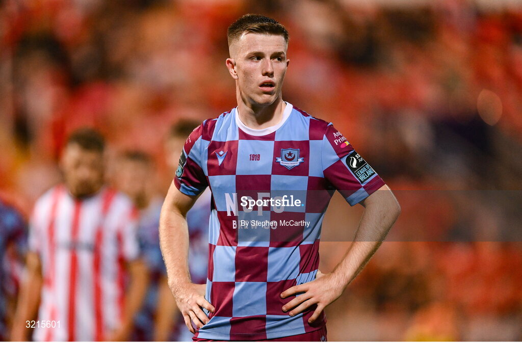 16 August 2025; Warren Davis of Drogheda United during the Sports Direct Men’s FAI Cup third round match between Derry City and Drogheda United at The Ryan McBride Brandywell Stadium in Derry. Photo by Stephen McCarthy/Sportsfile