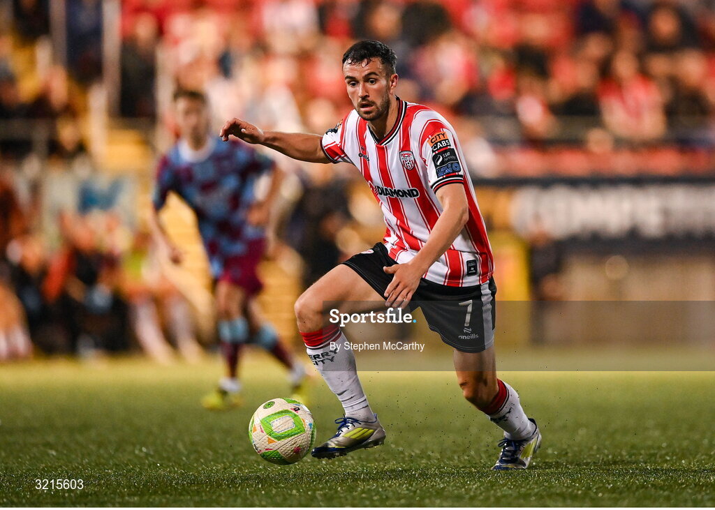 16 August 2025; Michael Duffy of Derry City during the Sports Direct Men’s FAI Cup third round match between Derry City and Drogheda United at The Ryan McBride Brandywell Stadium in Derry. Photo by Stephen McCarthy/Sportsfile